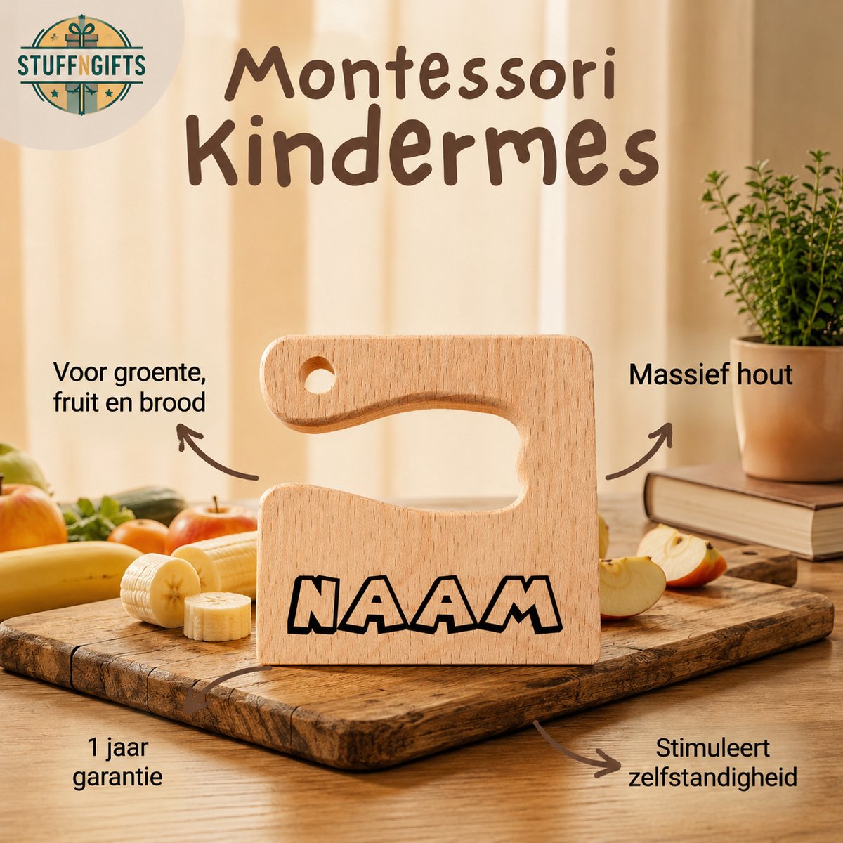Montessori Houten Kindermes Personaliseerbaar - Kinder Koksmes - Peuter kok - Verjaarsdag cadeau klein - zie omschrijving