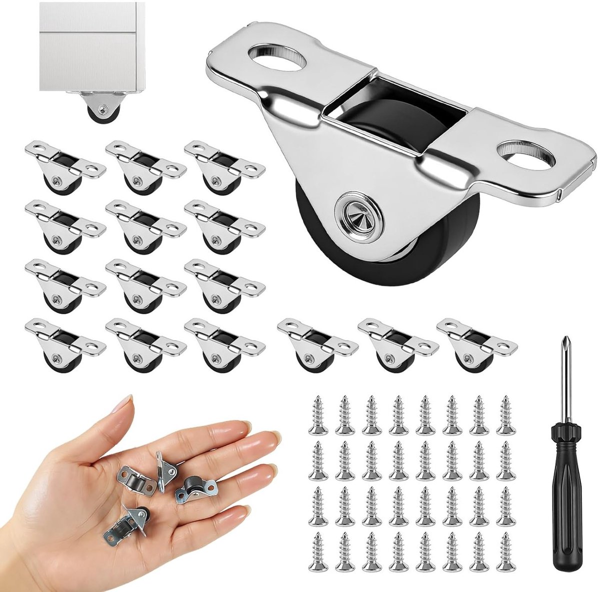 16-delige set mini meubelwielen van 12mm met stalen bovenplaat, stille rubberen wielen en schroeven voor kleine meubels en apparaten