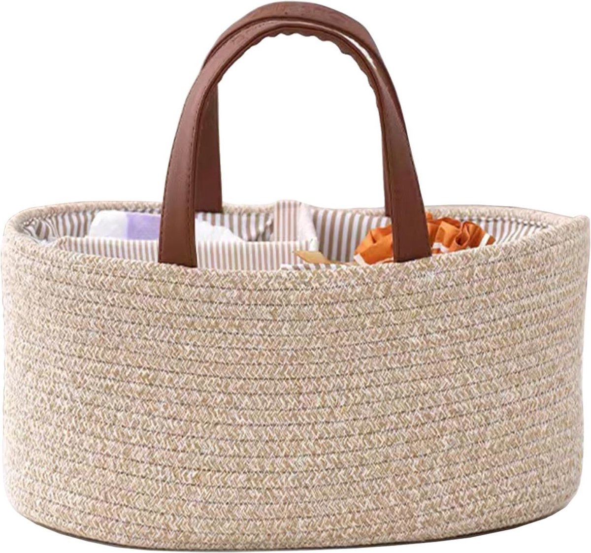 Stijlvolle luiertas en organizer van katoen, multifunctionele opbergmand voor babyspullen, ideaal voor onderweg en babyshowers, 38 x 25 x 18 cm (bruin)