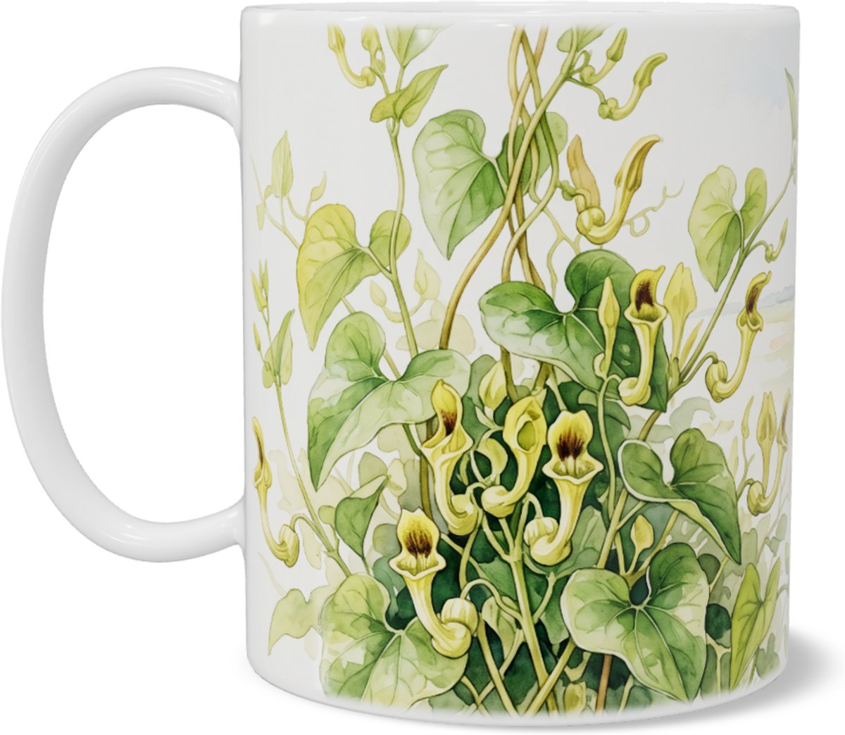 Mok pijpbloem Aristolochia clematitis kronkelende rivier in Hollands landschap aquarel