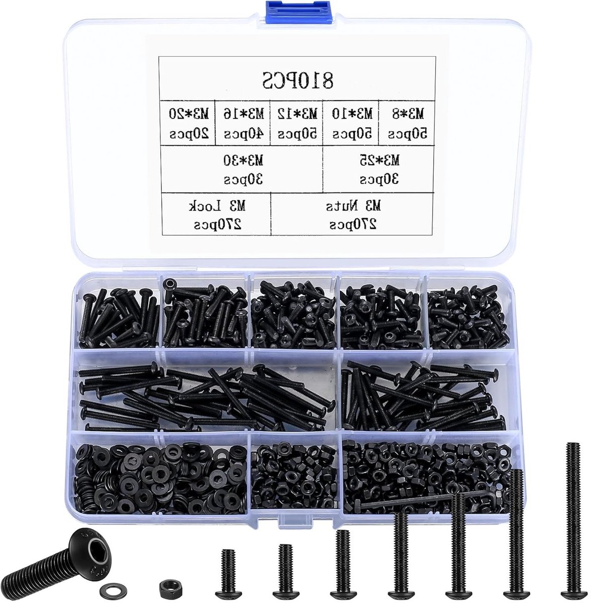 Complete Set van 810 M3 Schroeven, Hex Socket Schroeven, Moeren en Ringen voor Fietsen en Machines