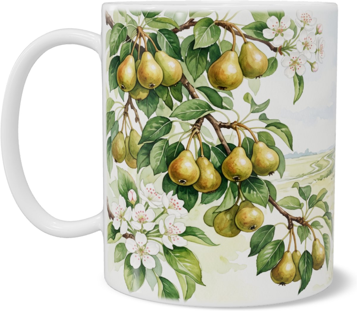 Mok wilde peer bloesem en vruchten met weids Hollands landschap aquarel illustratie