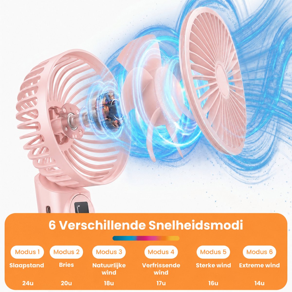 Twenty4seven® Handventilator Pro - Draagbare Ventilator Oplaadbaar - Hand Tafelventilator Draadloos - Mini Fan met 6 Standen — afbeelding 3