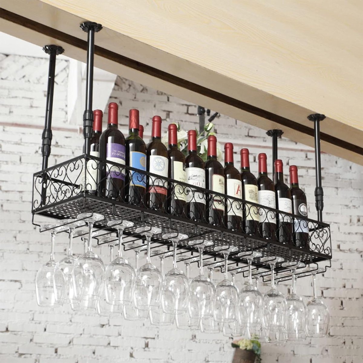 Wijnrek voor muur - Hangrek glazen - Wijn opslag - Robuuste constructie - 100x25cm - Zwart