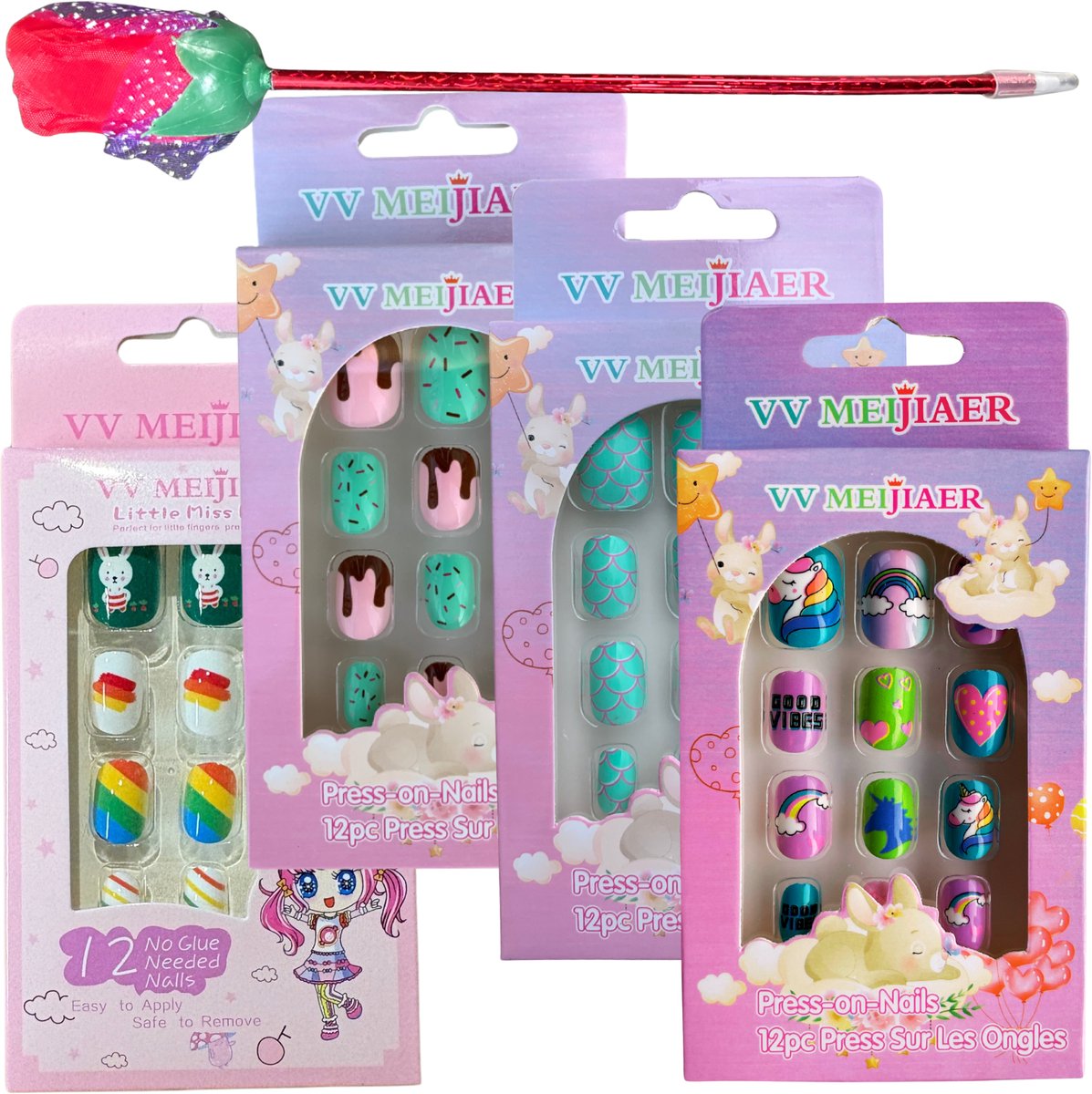 Kinder Plaknagels - Valse Nagels - 4 x 12 Stuks - Geen Lijm Nodig - Met Gratis Swarovski Stijl Diamant Pen