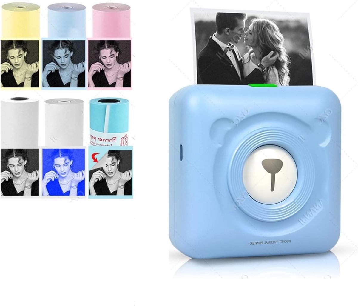 Mini Pocket Printer - Draagbare Labelmaker - Foto's Printen Onderweg - Bluetooth Connectiviteit - Compact Formaat - Blauw