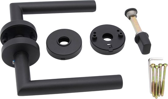 Slotman Solutions Deurklink Set Zwart Rond Rozet WC63/8 | Toiletgarnituur met WC-/Badkamersluiting | RVS Deurbeslag voor Toilet en Badkamer | Inclusief Bevestigingsmateriaal