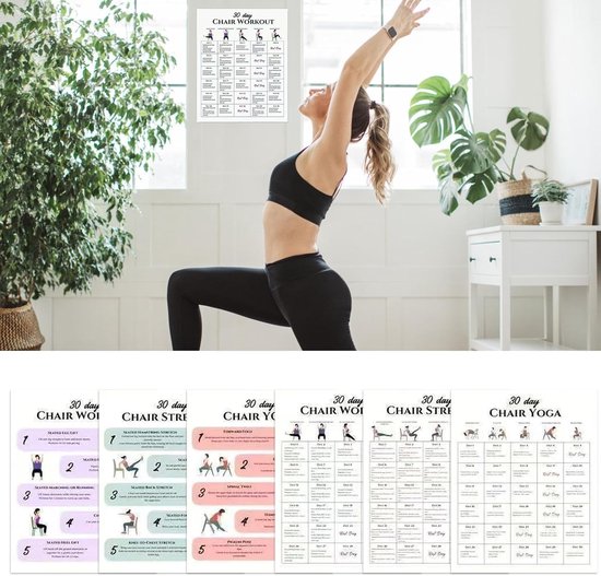 Yoga Kaart Set - Fitness Poster - Stoel Oefeningen - Beginnersvriendelijke Begeleiding - 30 Dagen Plan - 6 Foto's — afbeelding 4