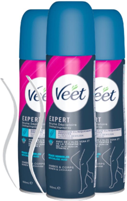 Drie Veet Expert ontharingssprays in een donkerblauwe bus met roze en witte details en een afbeelde been.