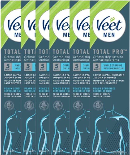 Voordeelverpakking van 6 tubes Veet Men ontharingscrème voor gevoelige huid, 200 ml per stuk.