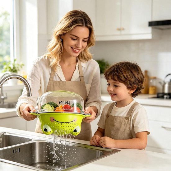 Zeefmand Kikker - Afvalbak Kom - Groenten Wassen - Efficiënte Waterdoorstroming - 22.5 x 14 cm - Groen — afbeelding 4