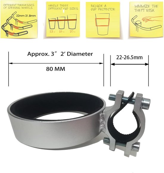 Fietsstuur Bekerhouder - 1 Stuk - Drinkfleshouder - Bidonhouder - Universele Bekerhouder - Fiets Accessoires - Fietsfleshouder - Drankhouder Fiets - Geschikt Voor Koffiebekers, Thee & Warme Dranken - Zilver — afbeelding 2