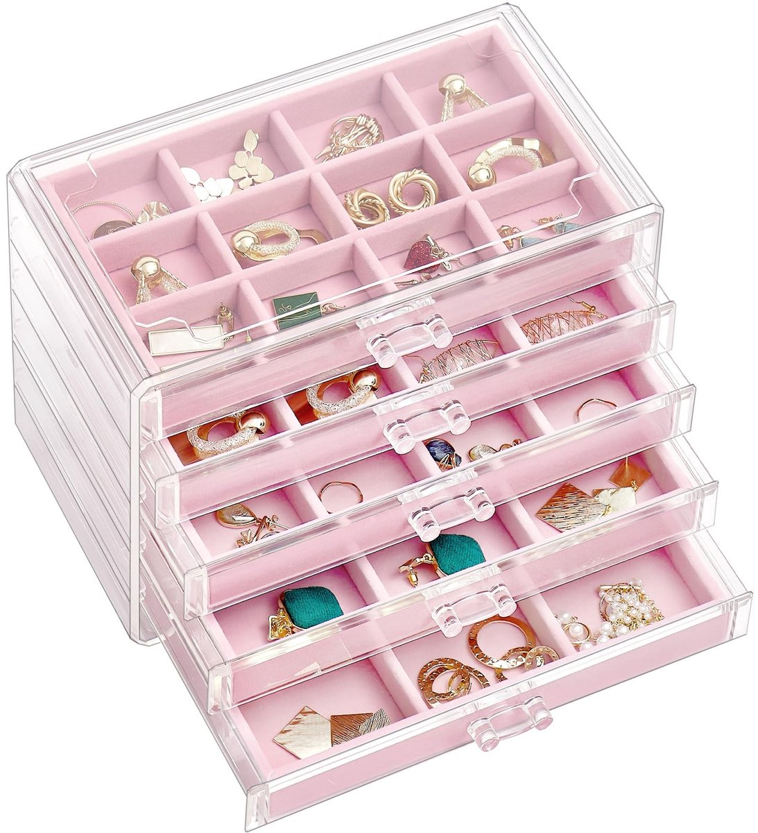 Dailygoods - Innovra - Dailygoody - Sieraden Organizer - Acryl Oorbellen Houder - 5 Lades - Roze - Verstelbare Trays - Perfect voor Vrouwen en Meisjes