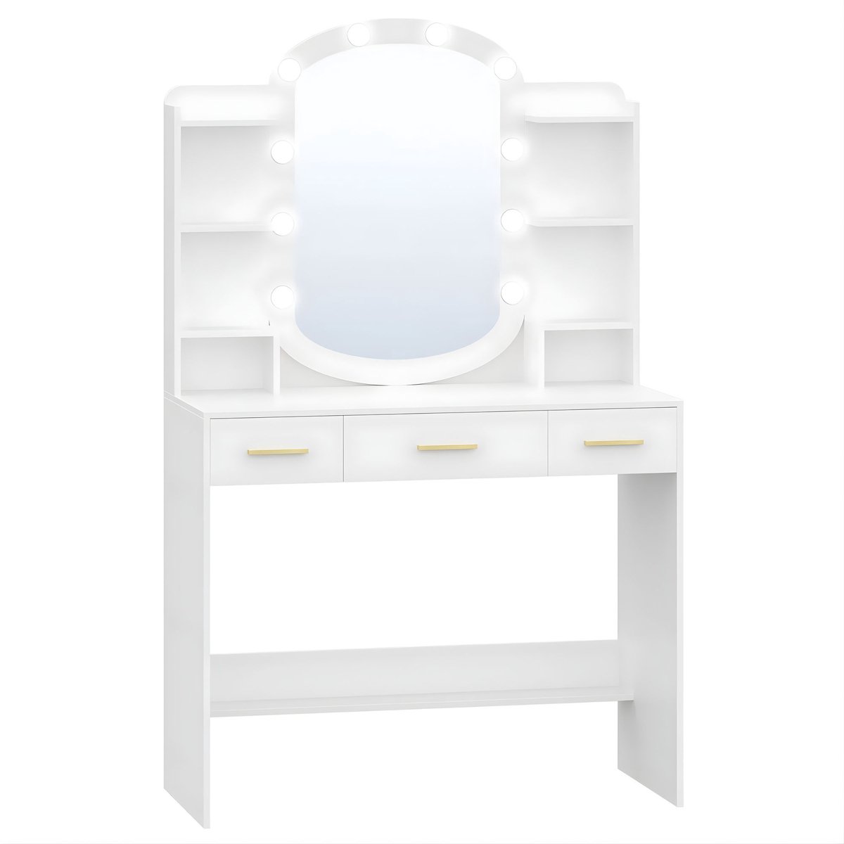 Happiq Kaptafel – Voor Slaapkamer & Dressing – Met Ovaal Spiegel, Lades en Open Vakken – Wit White