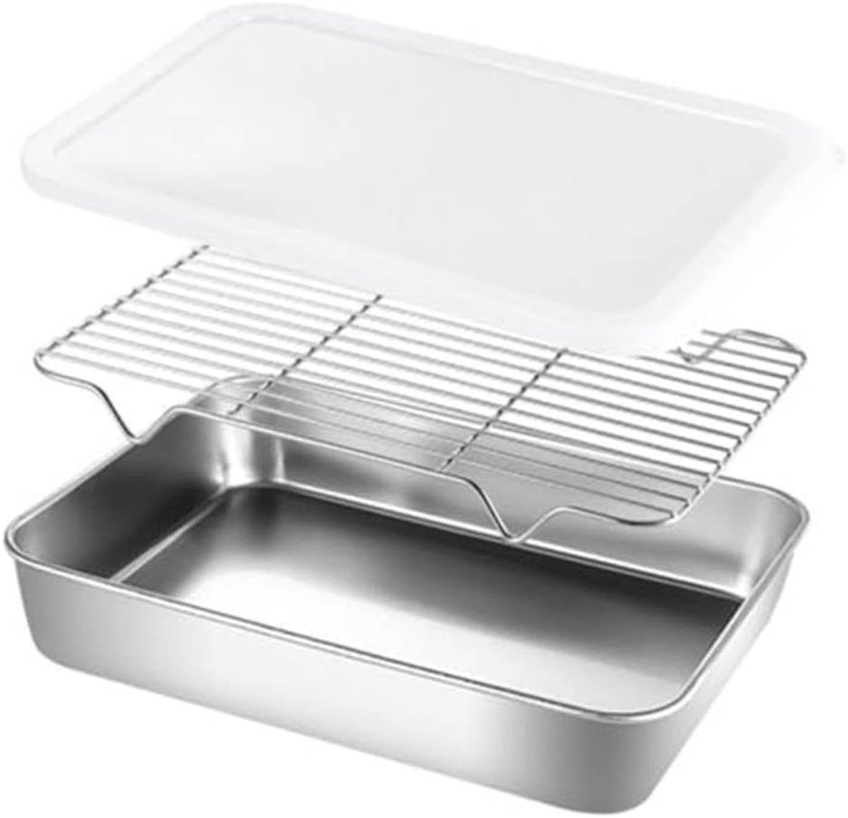 Roestvrijstalen bak - Voedselcontainer met deksel - Keukenopslag en bereiding - Inclusief mesh-inzetstuk - 26 x 20 x 4 cm