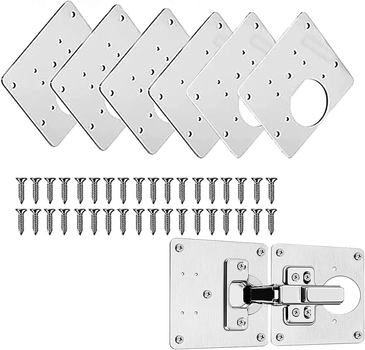 Set van 6 Keuken Scharnier Reparatieplaten met Gaten en 36 Schroeven voor Kasten, Meubels en Lades