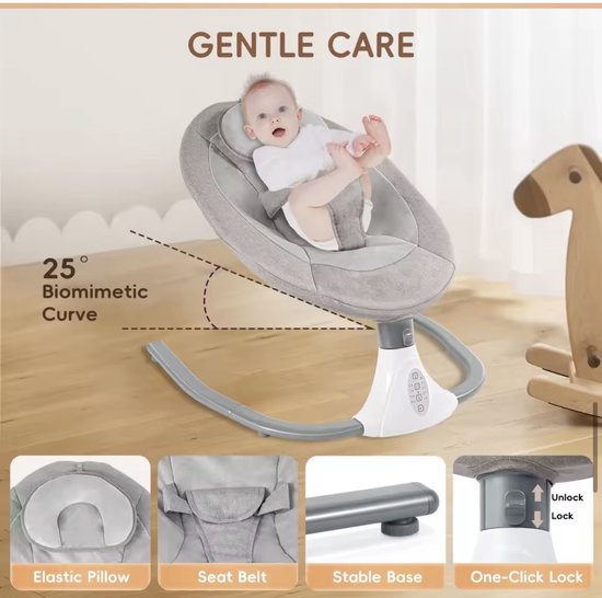 Elektrisch Babyschommelwieg - Wipstoel - Schommelstoel - Voor Pasgeborenen en Peuters - Draagbare Wieg met Bluetooth Muziek, Afstandsbediening en 4 Snelheidsinstellingen - Grijs - 3 punts Veiligheidsgordel — afbeelding 5