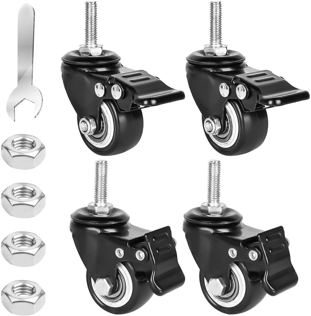 Set van 4 Heavy Duty Meubelwielen met Rem - 40mm Rubber Zwenkwielen voor Binnen en Buiten, 360 Graden Rotatie, Draagvermogen tot 35kg