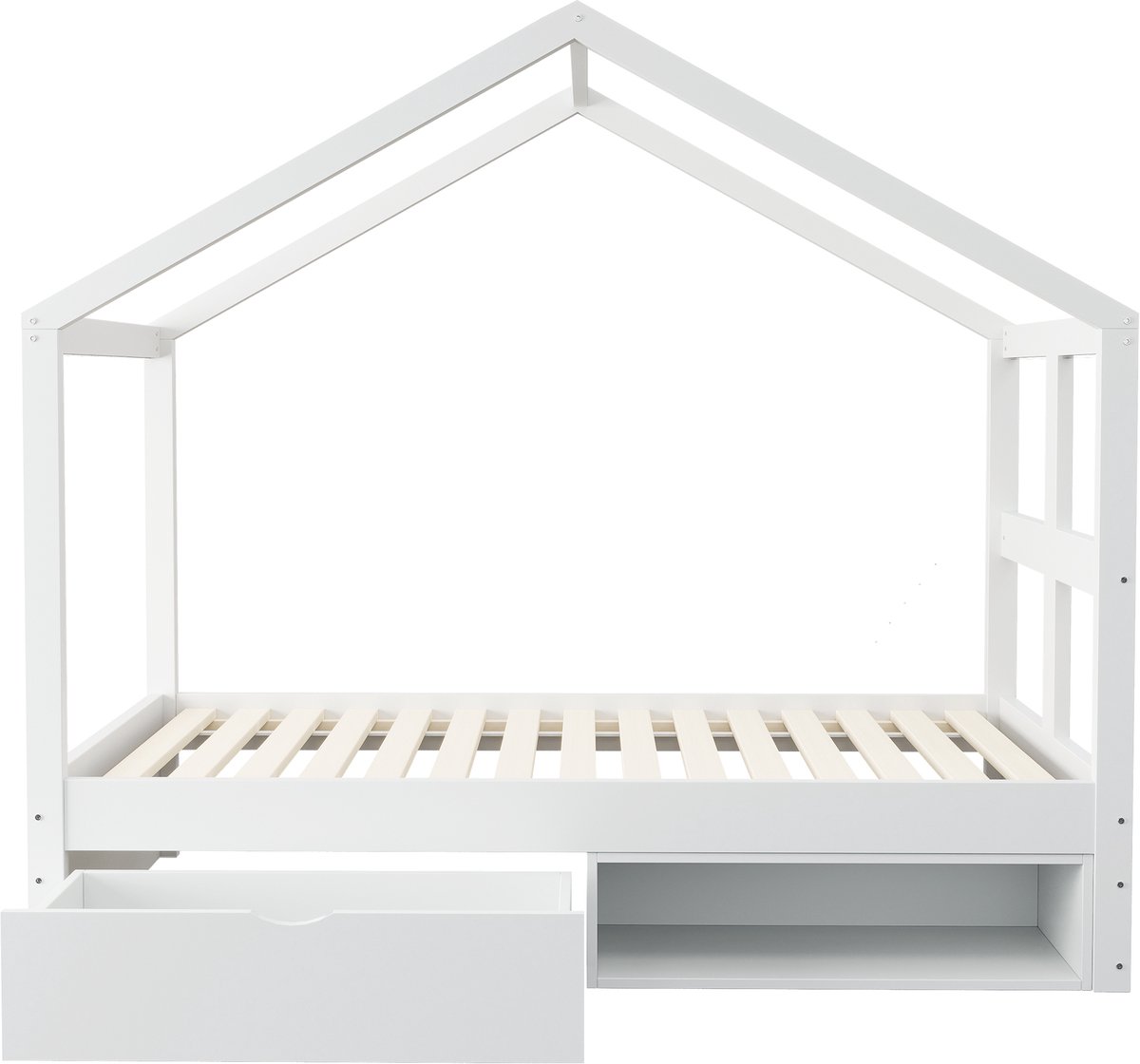 Merax Hemelbed 90×190 cm - met lade en klein schoenenkastje - met LED-verlichting - eenpersoonsbed - wit - zonder matras