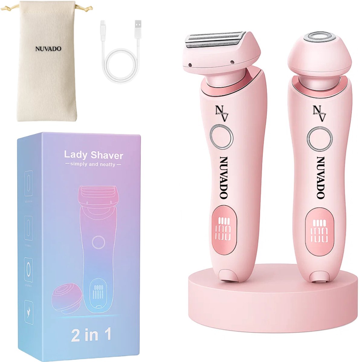 Nuvado Oplaadbare 2 in 1 Ladyshave voor Vrouwen - LadyGroomer - Inclusief Reiszakje - Trimmer Vrouw - Scheerapparaat Vrouwen - Bikinitrimmer - Benen En Armen - Reizen