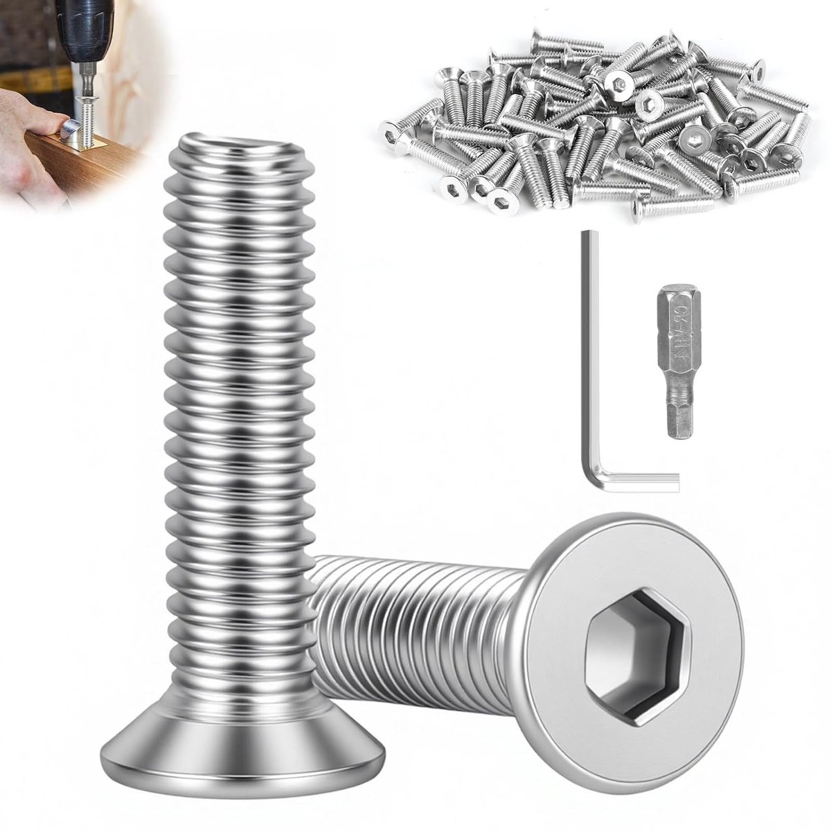 Set van 50 RVS Verzinkte Schroeven M6 x 25 mm met Inbus en Schroevendraaier Bit voor Apparaten, Machines en Meubels