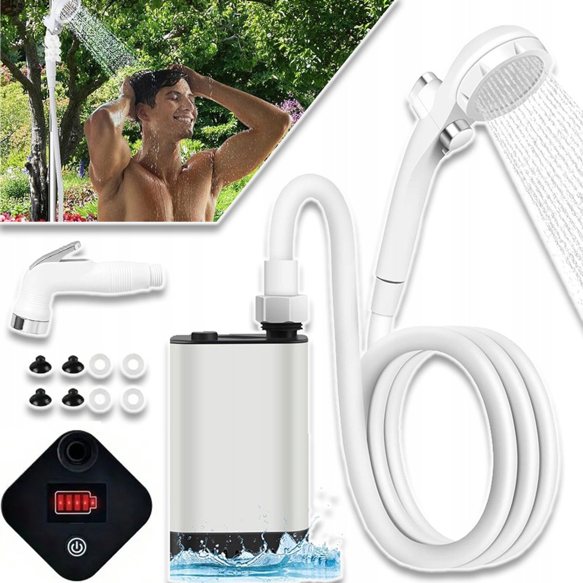 Draagbare Douche Voor Kamperen - Duurzame 5200mAh Oplaadbare Campingdouche Met Intelligent Led-Display - 3 Sproeistanden - IP68 Waterdichte Buitendouchepomp Voor Wandelen Reizen Auto En Huisdieren