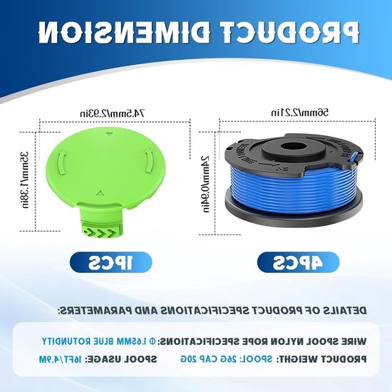 4 Stuks Grastrimmer Spoel Vervangingsdraad voor Diverse 18V, 24V, 40V en 60V Modellen - Diameter 1,65 mm, 4,9 m Draadlengte, Inclusief 1 Dop — afbeelding 5