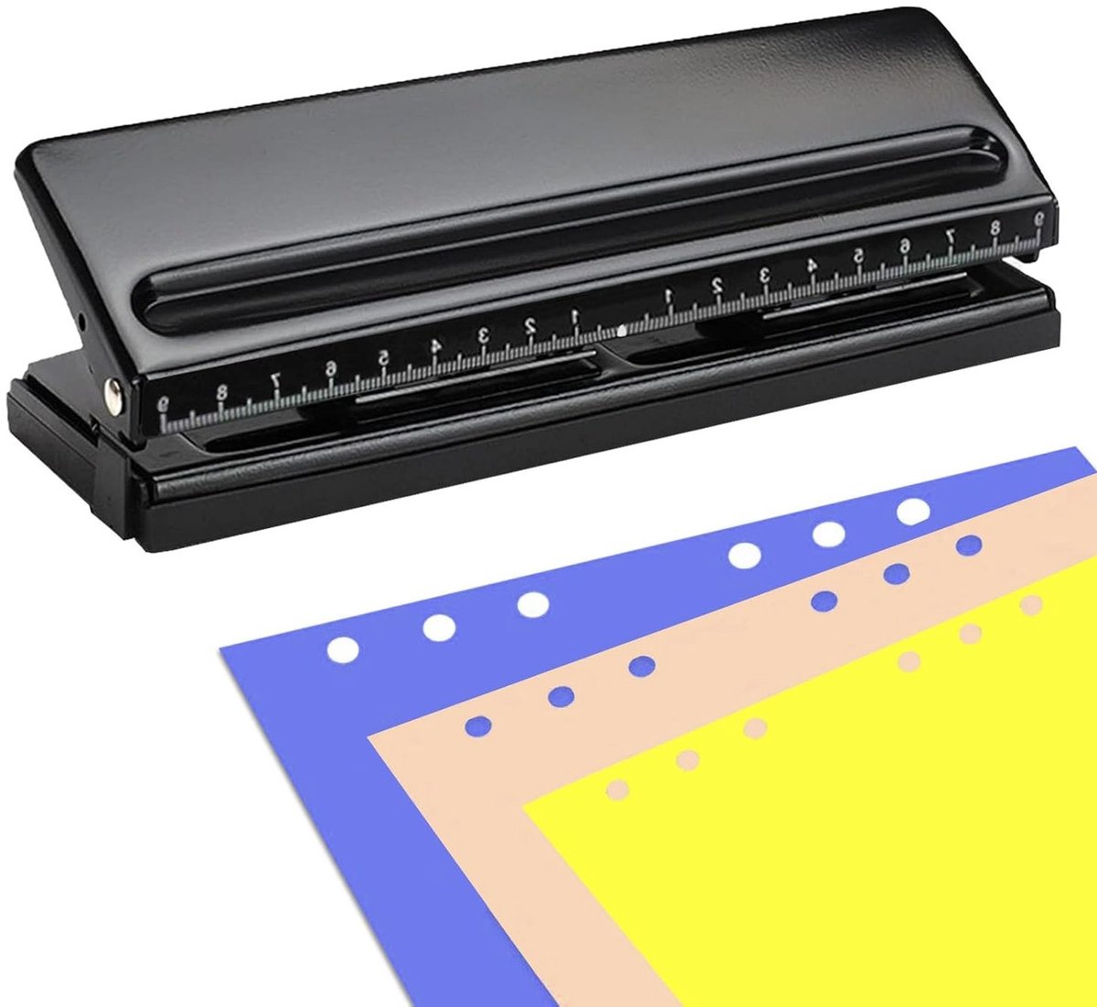 Verstelbare 6-weg perforator voor metaalbinders met 6 compartimenten, ideaal voor kantoor en archivering
