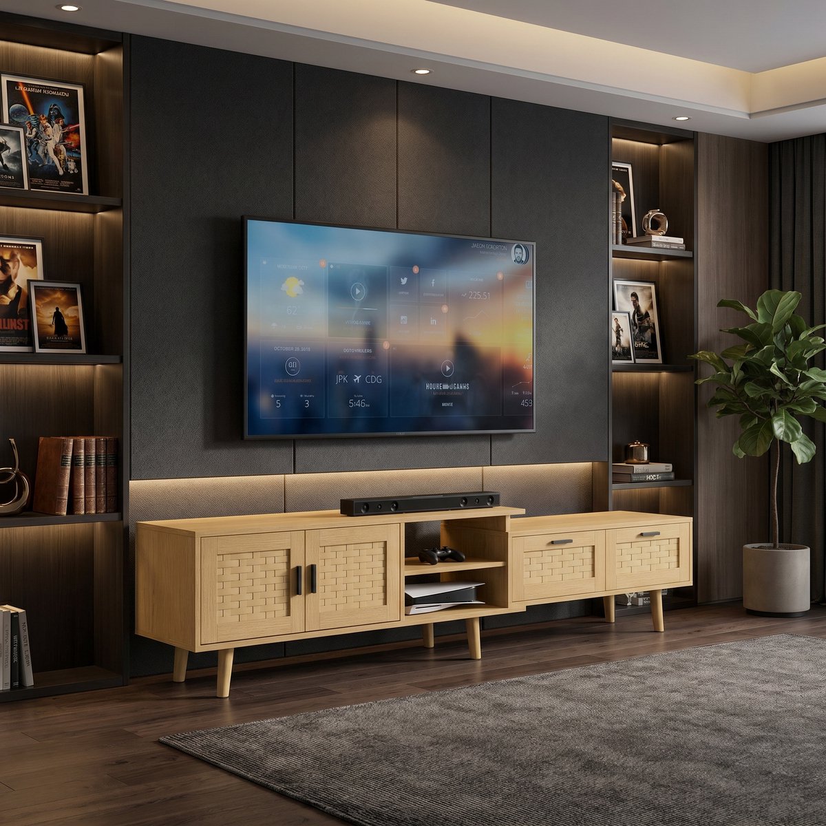 TV-Meubel, Houten TV-Kast, 2 Lades, 2 Kastdeuren, 1 Open Opbergvak, Gevlochten Rotan TV-Meubel, Verstelbare TV-Tafel, Geschikt Voor TV-Plaatsing (Eikenkleur)