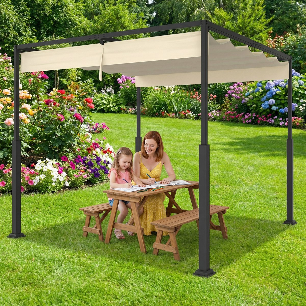 Froadp 3x3M Pergola met Schuifdak Tuinpaviljoen Waterdicht & Wintervast Vrijstaande Terrasoverkapping Zonwering - Beige