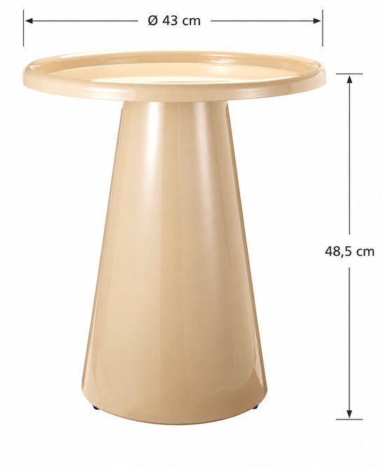 Beige glanzende bijzettafel, diameter 43 cm, hoogte 48,5 cm.