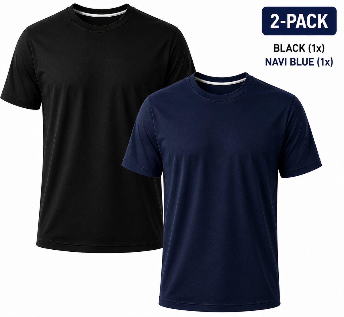 2-Pack - T-Shirts Heren - 100% Katoen - Zwart, Navy Blauw - Comfort Fit - L