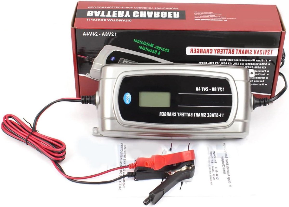 Waterdichte Acculader - Batterijlader Voertuig - Accu Onderhoud - LCD Display - 12V 8A-24V 4A - Zwart