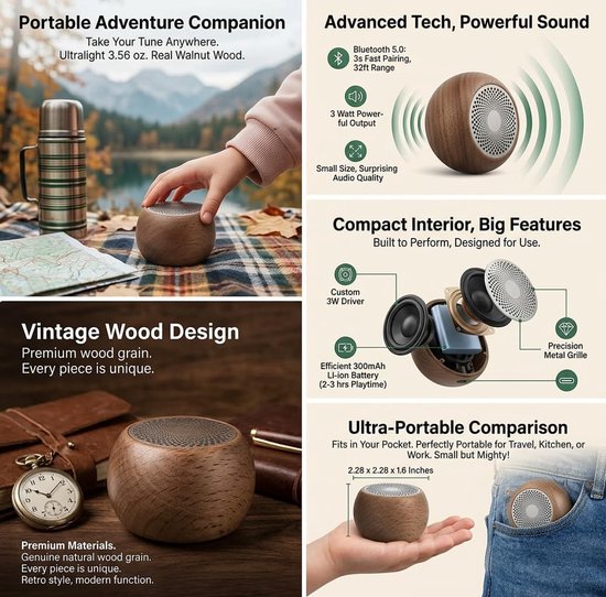 Daity 1 stuk - Draagbare Bluetooth-luidspreker, retro houten design, 3W mini draadloze luidspreker voor op reis en buiten, oplaadbare batterij van 300 mAh. van daity — afbeelding 2