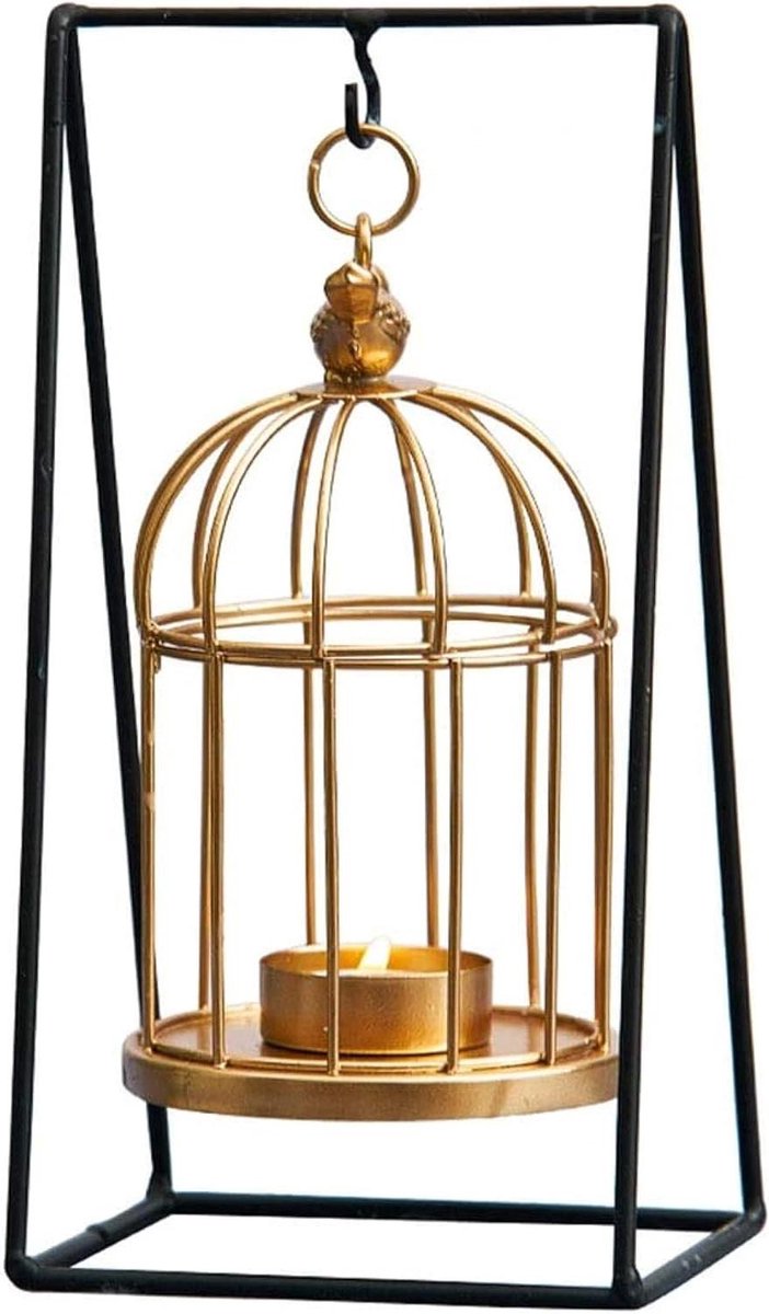 Geometrische Kandelaar - Vogelkooi Houder - Romantisch Diner - Vergulde IJzer - Hoogte 22cm - Goud