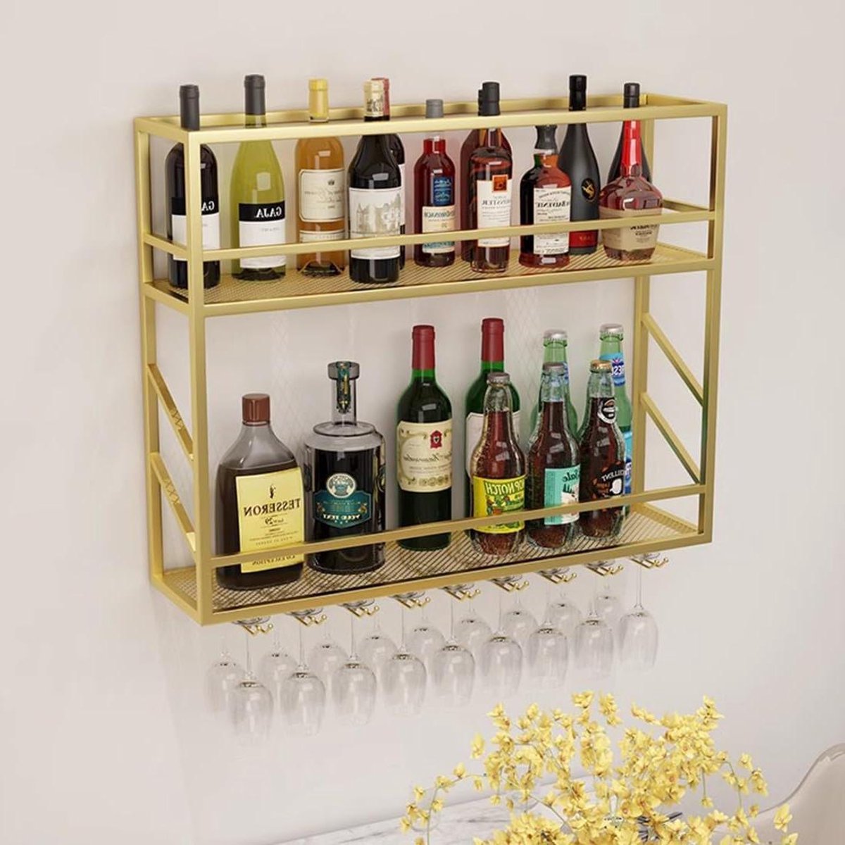 Wijnrek Muur - Drankhouder - Flessen Presenteren - Met Glazenhouder - 100 cm - Goud