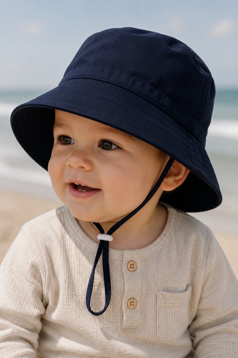 Marineblauw Zonnehoedje Baby Jongens Meisjes – UV Bucket Hat met Koord – Navy Babyhoedje – Maat 46 (6-12 Maanden)