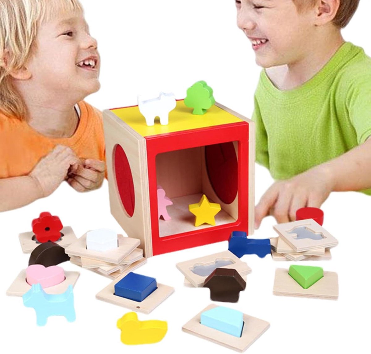 Vormen Sorteer Speelgoed - Houten Puzzel - Motoriek Ontwikkelen - Blinddoek Puzzel - 17 x 17 x 17 cm - Houtkleur