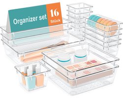 Lade Organizer Set 16 Delig – Transparante Opbergbakken voor Lade – Make-up Organizer & Keuken Organizer – Stapelbare Schublade Organizer met 5 Maten – Antislip Opbergboxen voor Badkamer, Bureau, Slaapkamer en Keuken