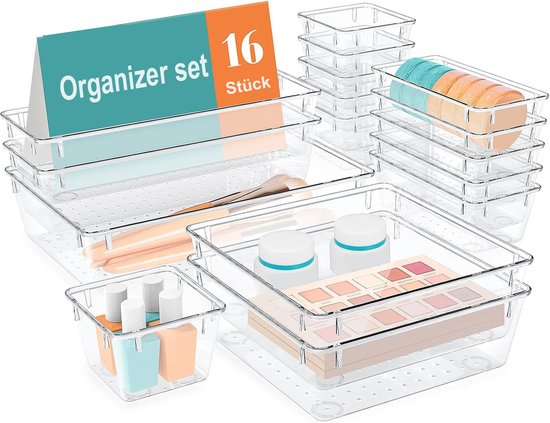 Lade Organizer Set 16 Delig – Transparante Opbergbakken voor Lade – Make-up Organizer & Keuken Organizer – Stapelbare Schublade Organizer met 5 Maten – Antislip Opbergboxen voor Badkamer, Bureau, Slaapkamer en Keuken