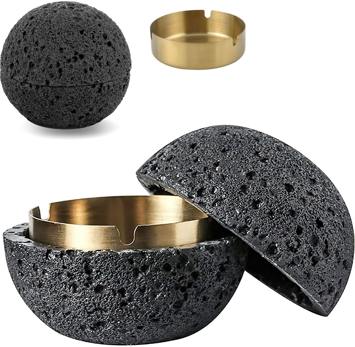 Creatieve Asbak met Deksel – Grote Bolvormige Asbak – Steenlook Zwart – Uitneembare RVS Binnenbak – Winddichte Design Asbak voor Woonkamer en Kantoor