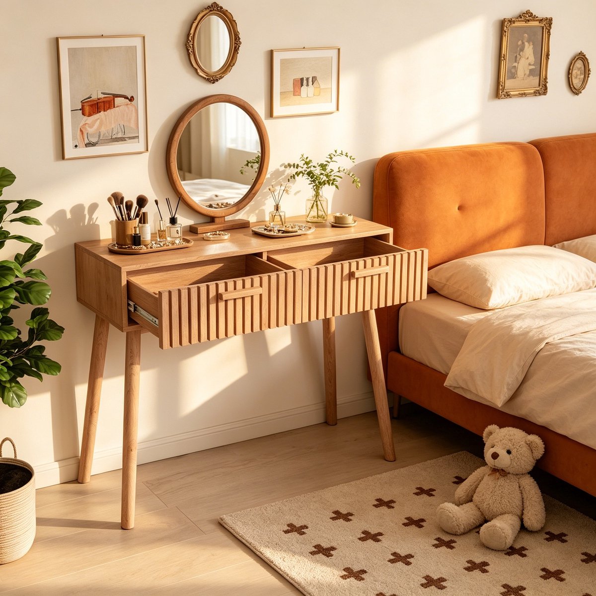 Consoletafel met 2 lades - Sidetable - Kaptafel - Hout - Natuurkleur - 100x35x80cm - Console Tafel voor Hal, Woonkamer, Entree - Industrieel