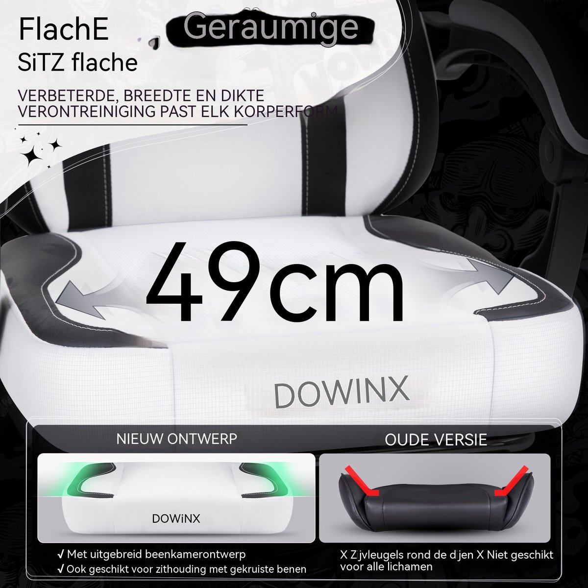 Gaming Stoel Ergonomisch met Voetsteun – Vleugelloze Zit – Verstelbare Rugleuning – Zachte Stof – Zwartwit – Voor Gaming, Werk en Studie – Middelgroot – 1 Stuk – foto 2