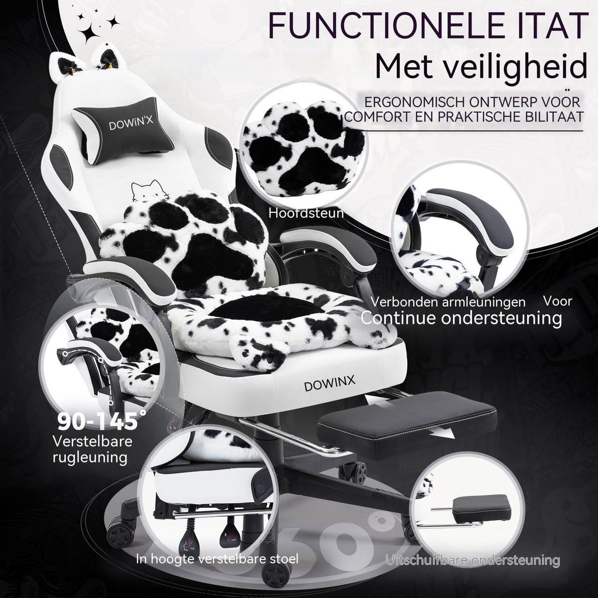 Gaming Stoel Ergonomisch met Voetsteun – Vleugelloze Zit – Verstelbare Rugleuning – Zachte Stof – Zwartwit – Voor Gaming, Werk en Studie – Middelgroot – 1 Stuk – foto 7