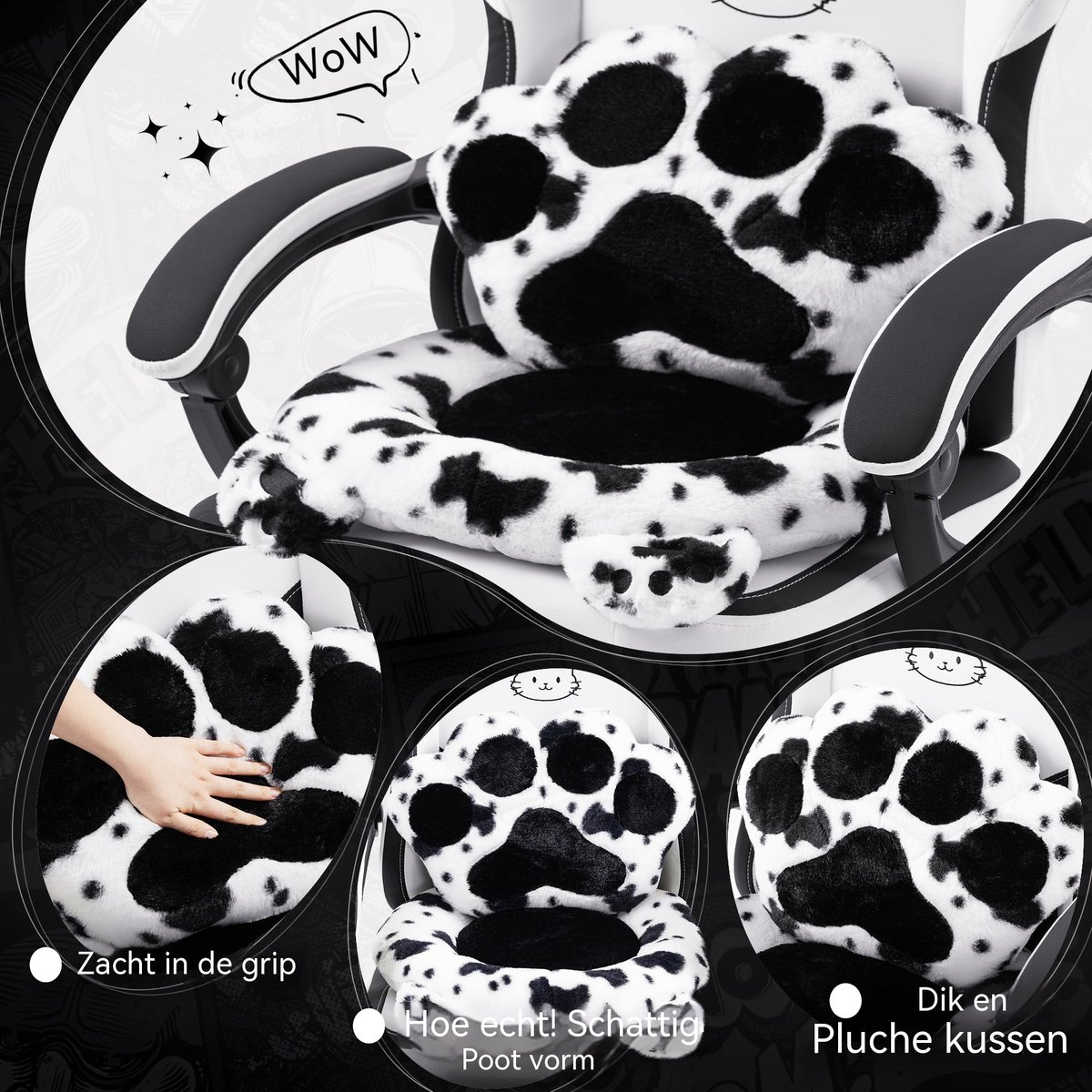 Gaming Stoel Ergonomisch met Voetsteun – Vleugelloze Zit – Verstelbare Rugleuning – Zachte Stof – Zwartwit – Voor Gaming, Werk en Studie – Middelgroot – 1 Stuk – foto 8