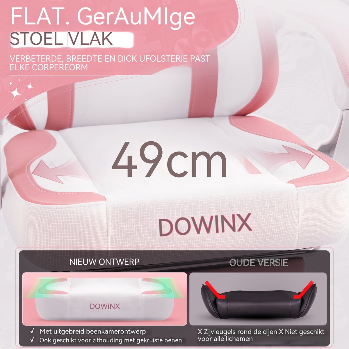 Dowinx Ergonomische Bureaustoel / Gamingstoel – Pocketveren Zitkussen – Dubbel gevoerde Rugleuning & Verstelbaar Lendenkussen – Zachte Stof - Roze-wit – foto 5