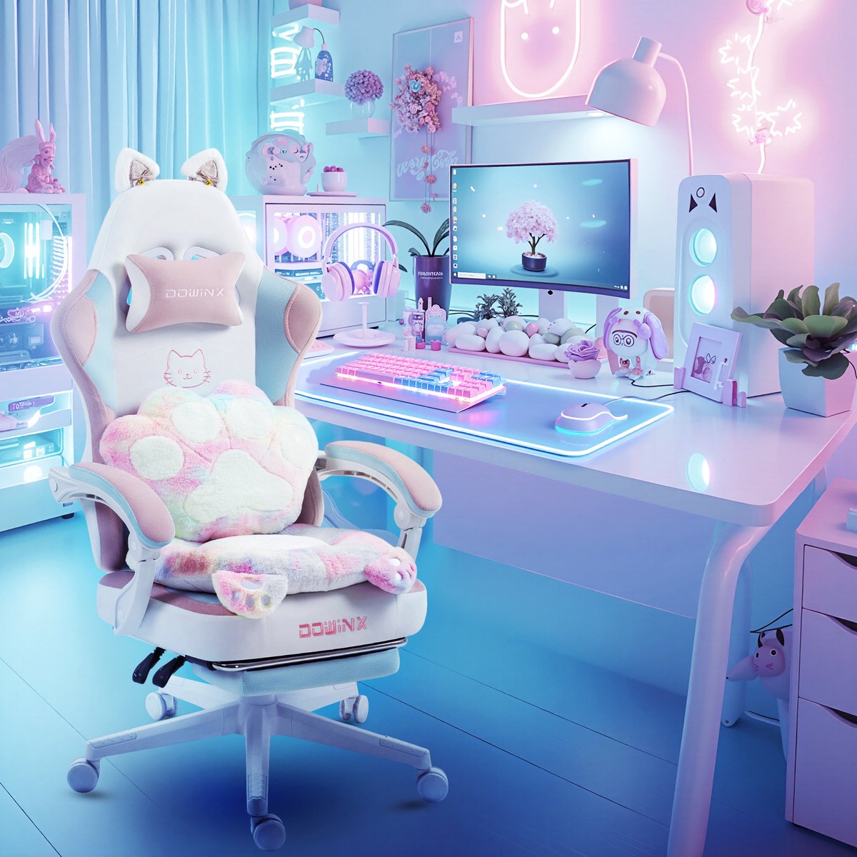 DowinxGaming Stoel Ergonomisch met Voetsteun – Vleugelloze Zit – Verstelbare Rugleuning – Zachte Stof – Multicolor-wit – Voor Gaming, Werk en Studie – Middelgroot – foto 4