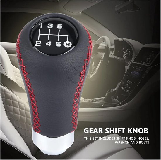 Pookknop 6 Versnellingen - Schakelknop Auto - Auto Interieur Upgrade - Universele Compatibiliteit - 3 Slangen Inbegrepen - Rood Zwart — afbeelding 4