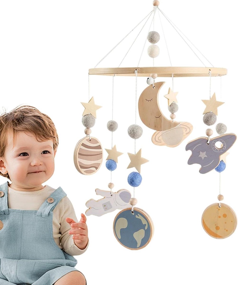 Baby Mobiel - Wiegdecoratie Hout - Babykamer Aankleden - Ruimte Thema - 51x24 cm - Natuurlijk Hout