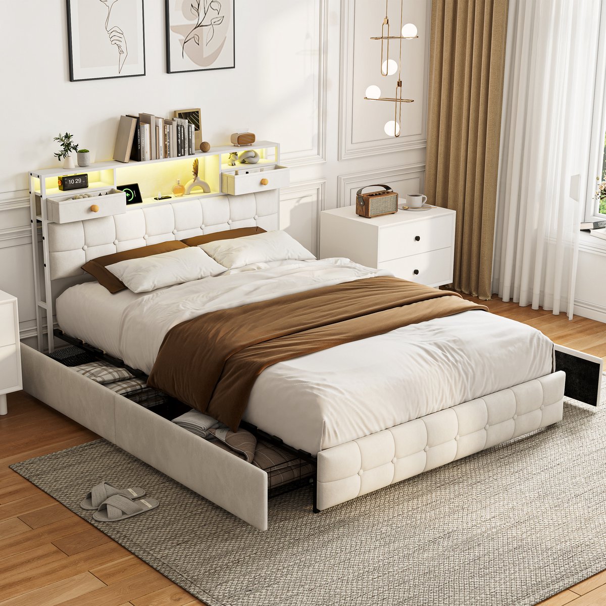 Solvenrik Velvet Bed 140x200 met LED & USB-C – Beige Tweepersoonsbed
